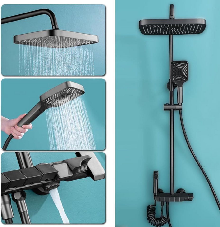 XERSEK Duschsystem Verstellbare Duschstange Duscharmatur Komplettset Duschset 86-120cm, 3 Strahlart(en), mit Armatur 30x19cm Eckiger Regendusche Kopfbrause, Brausegarnitur mit Wannenhahn, Mini-Handbrause und Metallhalter Bild 3
