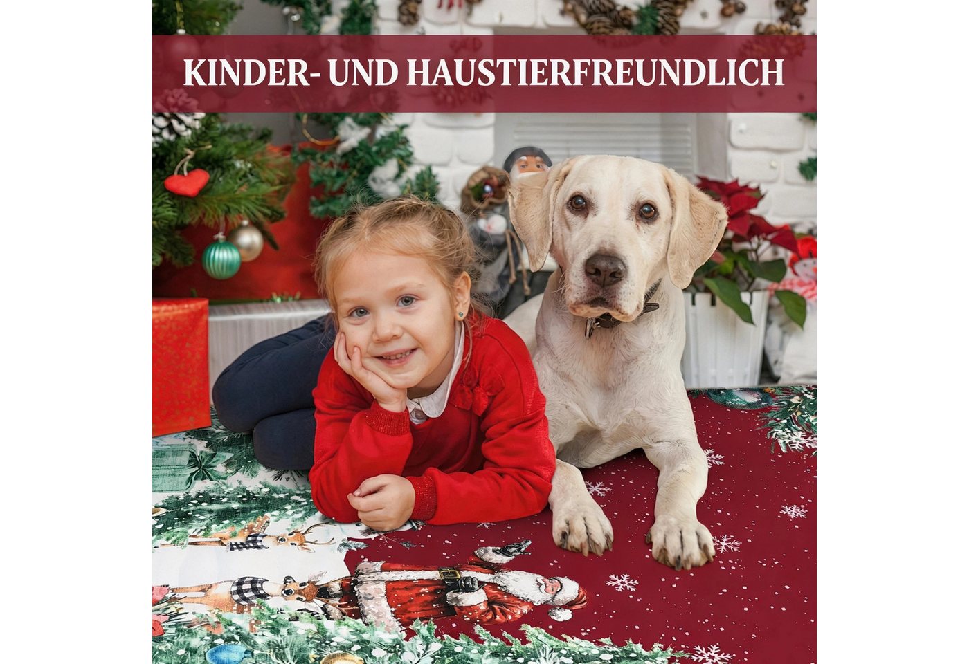 GarveeMore Teppich Rot Weihnachtsteppich mit Santa, Rentieren, Schneemann und Tannen, Höhe: 5 mm