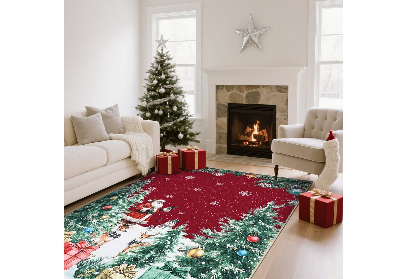 GarveeMore Teppich Rot Weihnachtsteppich mit Santa, Rentieren, Schneemann und Tannen, Höhe: 5 mm Bild 2