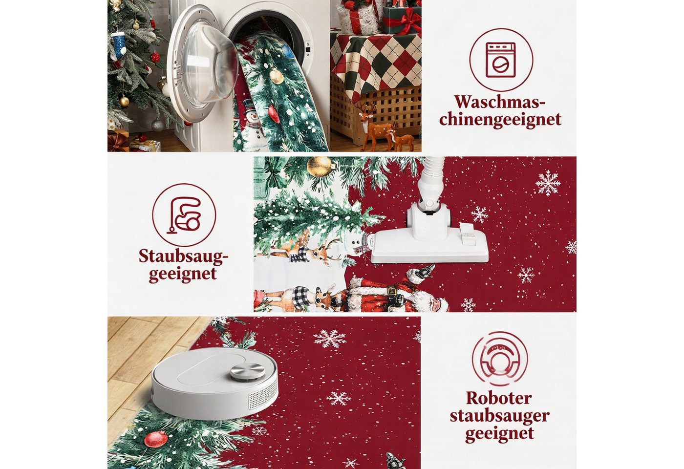 GarveeMore Teppich Rot Weihnachtsteppich mit Santa, Rentieren, Schneemann und Tannen, Höhe: 5 mm Bild 3