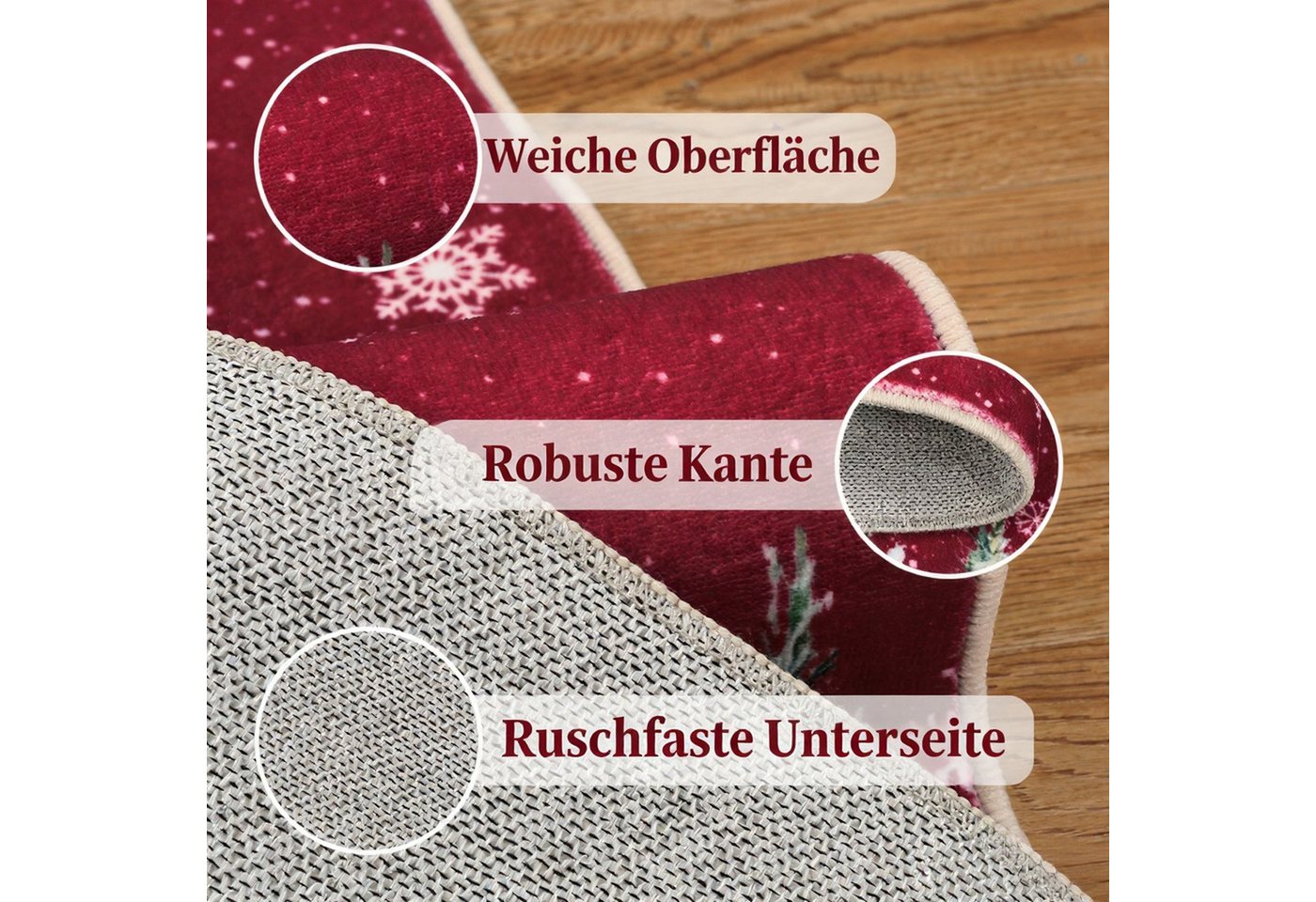 GarveeMore Teppich Rot Weihnachtsteppich mit Santa, Rentieren, Schneemann und Tannen, Höhe: 5 mm Bild 4
