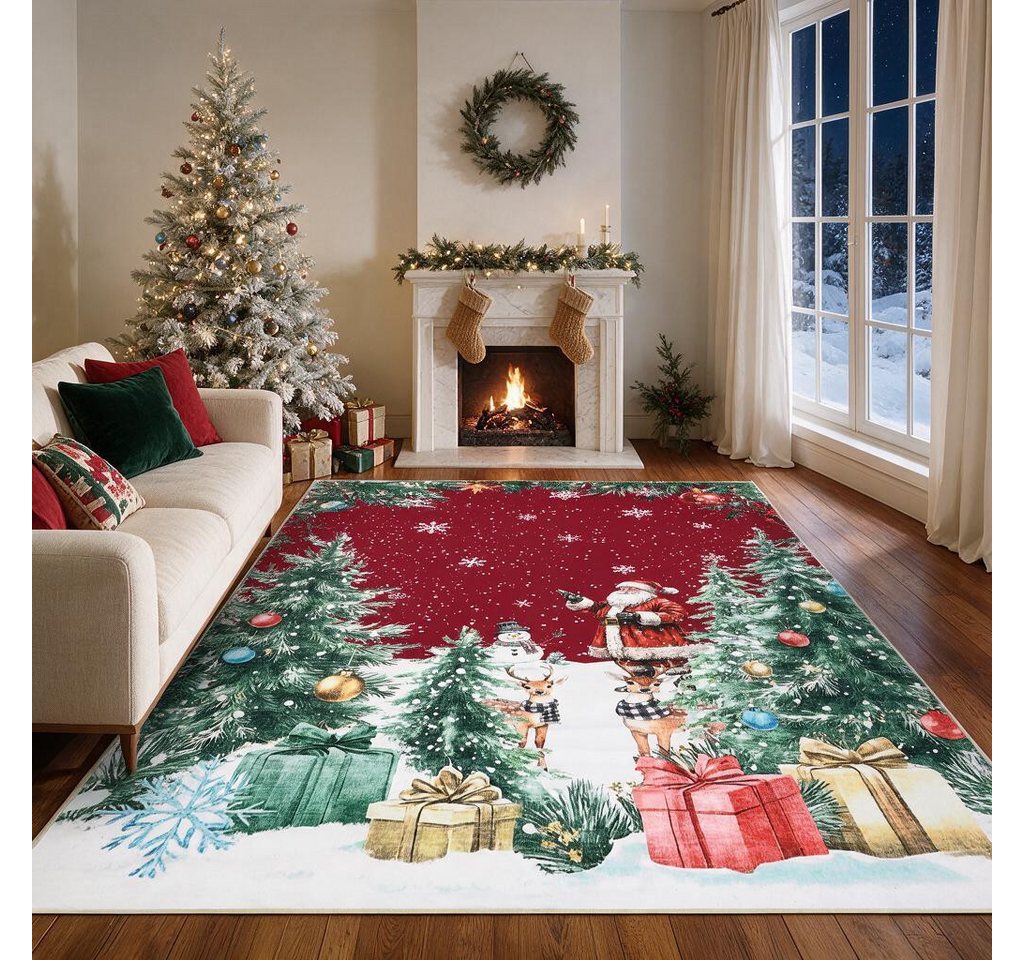 GarveeMore Teppich Rot Weihnachtsteppich mit Santa, Rentieren, Schneemann und Tannen, Höhe: 5 mm Bild 5