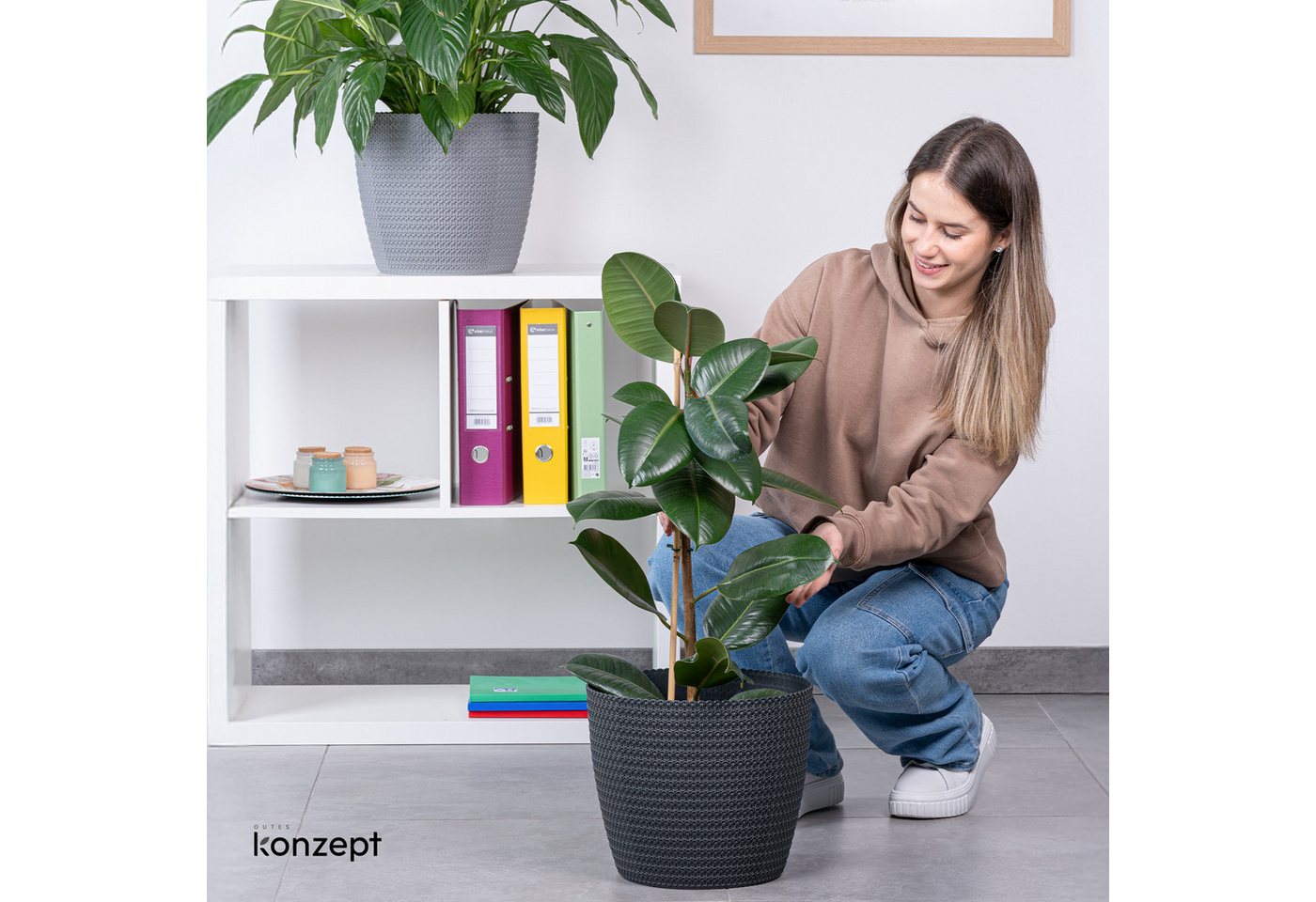 KONZEPT Übertopf groß für Zimmerpflanzen (30,6 cm, H 26,2 cm), in Strickzopf-Optik, Indoor, Outdoor, Vielseitig einsetzbar, Wetterfest, Kunststoff