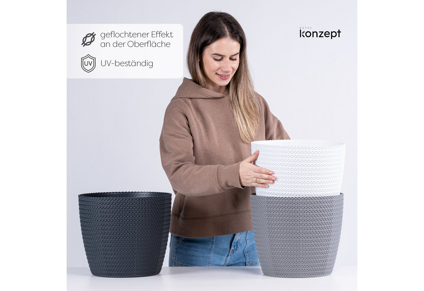 KONZEPT Übertopf groß für Zimmerpflanzen (30,6 cm, H 26,2 cm), in Strickzopf-Optik, Indoor, Outdoor, Vielseitig einsetzbar, Wetterfest, Kunststoff Bild 2