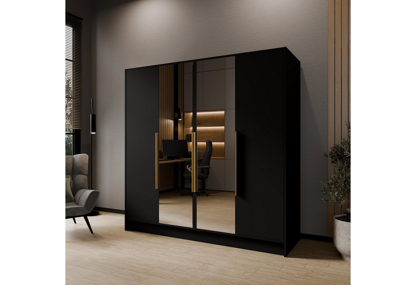 Masseno Drehtürenschrank RENVO 200 cm Kleiderschrank mit Spiegel 4 Türen Schwarz