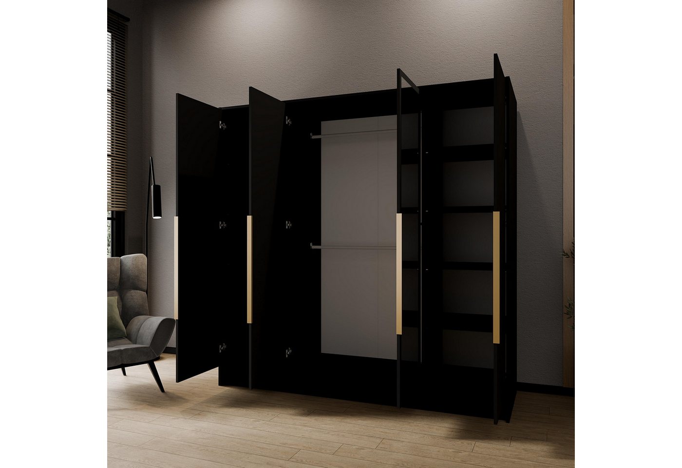 Masseno Drehtürenschrank RENVO 200 cm Kleiderschrank mit Spiegel 4 Türen Schwarz Bild 2