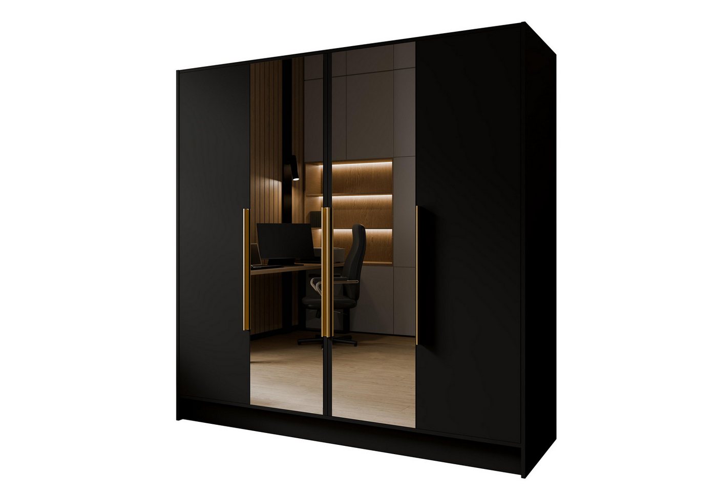 Masseno Drehtürenschrank RENVO 200 cm Kleiderschrank mit Spiegel 4 Türen Schwarz Bild 4