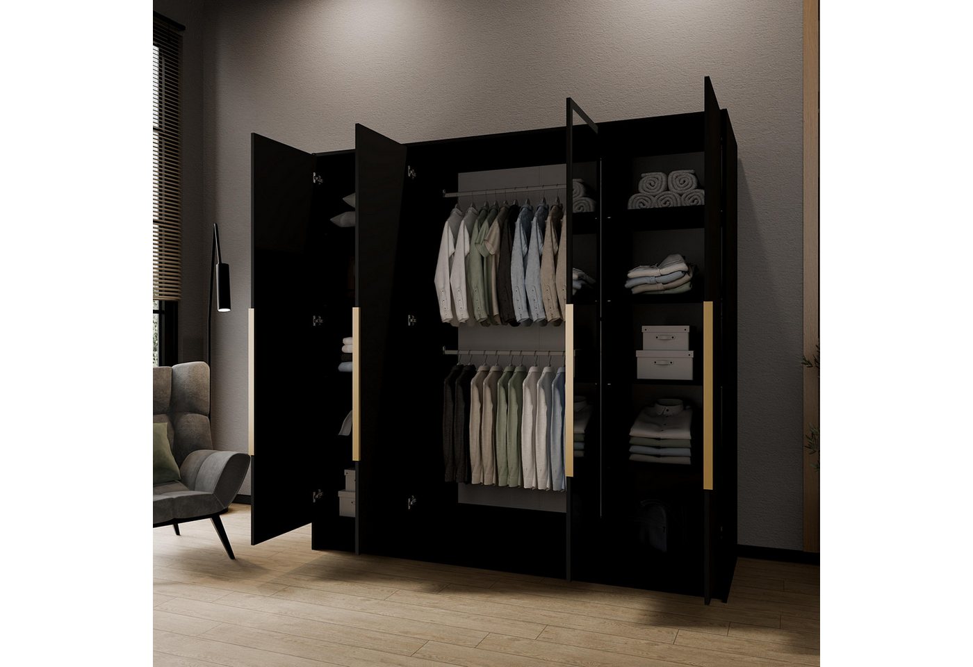 Masseno Drehtürenschrank RENVO 200 cm Kleiderschrank mit Spiegel 4 Türen Schwarz Bild 5