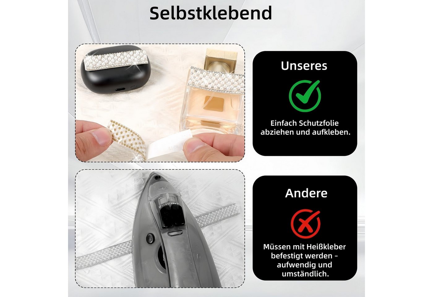 FOUORTUNATE-BEE Versteifungsband 3 Rollen selbstklebendes Perlen-Strassband für DIY, (3-St), Perlen-Strassband zum Verzieren und Basteln