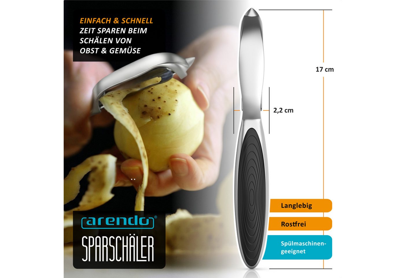 Arendo Sparschäler Profi Pendelklinge für Kartoffeln, Obst & Gemüse, Spargel, (1-tlg., mit integriertem Ausstecher), Scharfer Universalschäler rostfrei, beidhändig & spülmaschinengeeignet Bild 2