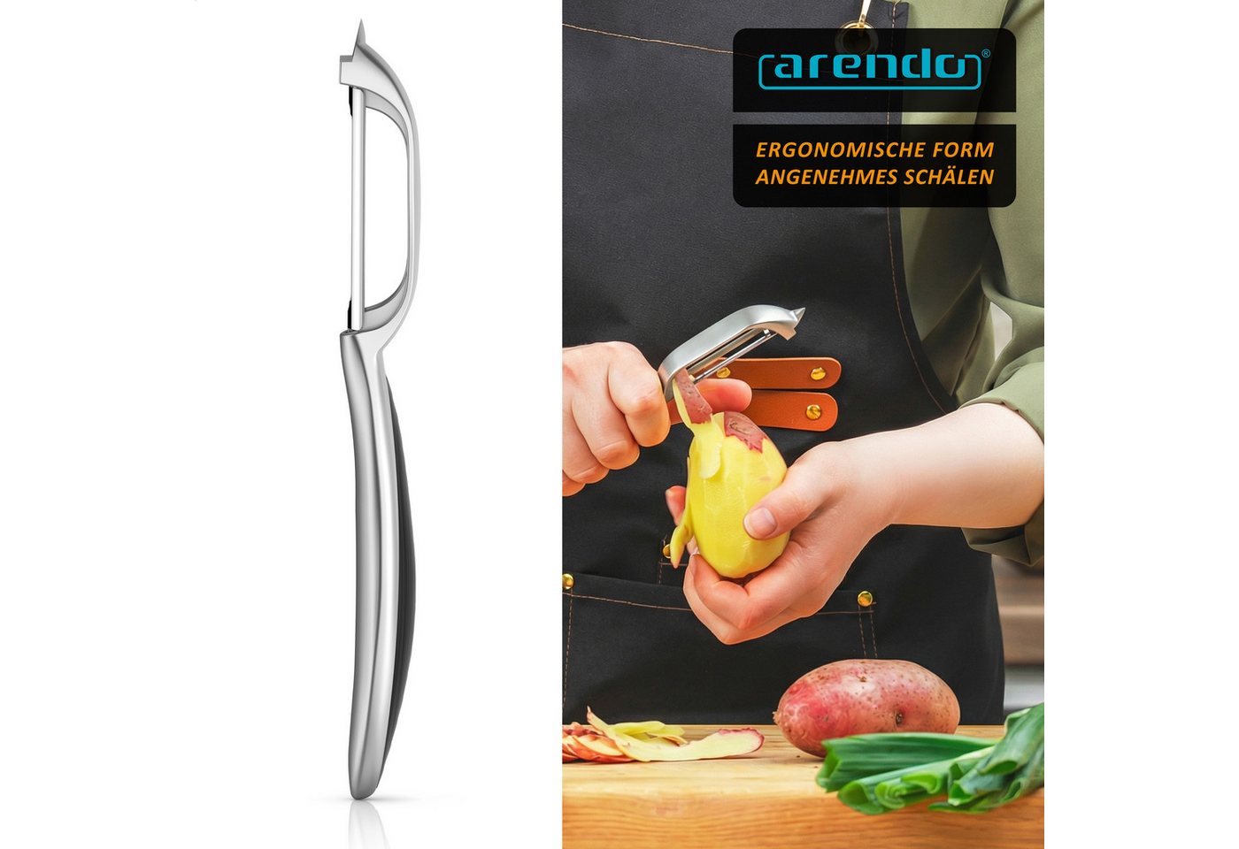 Arendo Sparschäler Profi Pendelklinge für Kartoffeln, Obst & Gemüse, Spargel, (1-tlg., mit integriertem Ausstecher), Scharfer Universalschäler rostfrei, beidhändig & spülmaschinengeeignet Bild 3