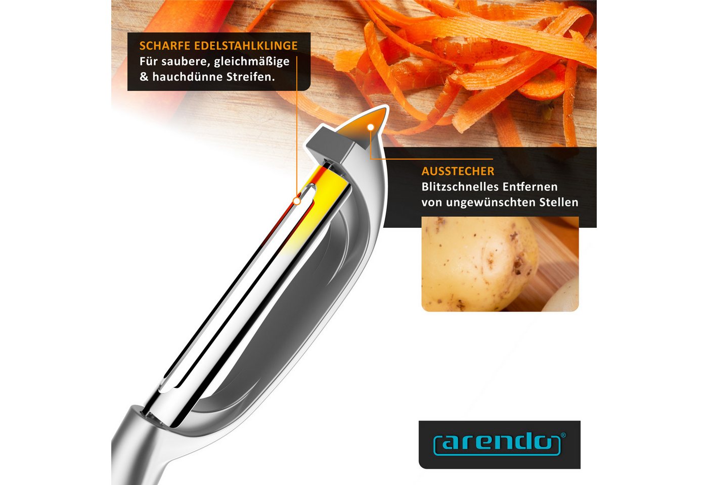 Arendo Sparschäler Profi Pendelklinge für Kartoffeln, Obst & Gemüse, Spargel, (1-tlg., mit integriertem Ausstecher), Scharfer Universalschäler rostfrei, beidhändig & spülmaschinengeeignet Bild 5