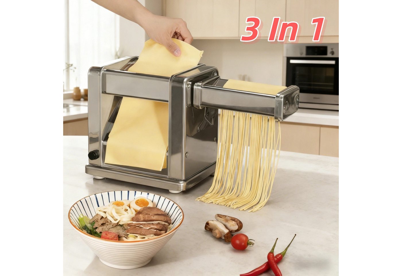 FOHERE Nudelmaschine Elektrische Nudelmaschine, 7 Stärken Einstellbar, 60 W, Nudelwalze und 2x Pasta-Schneideinsätze 1.5 mm und 6.6 mm Bild 3