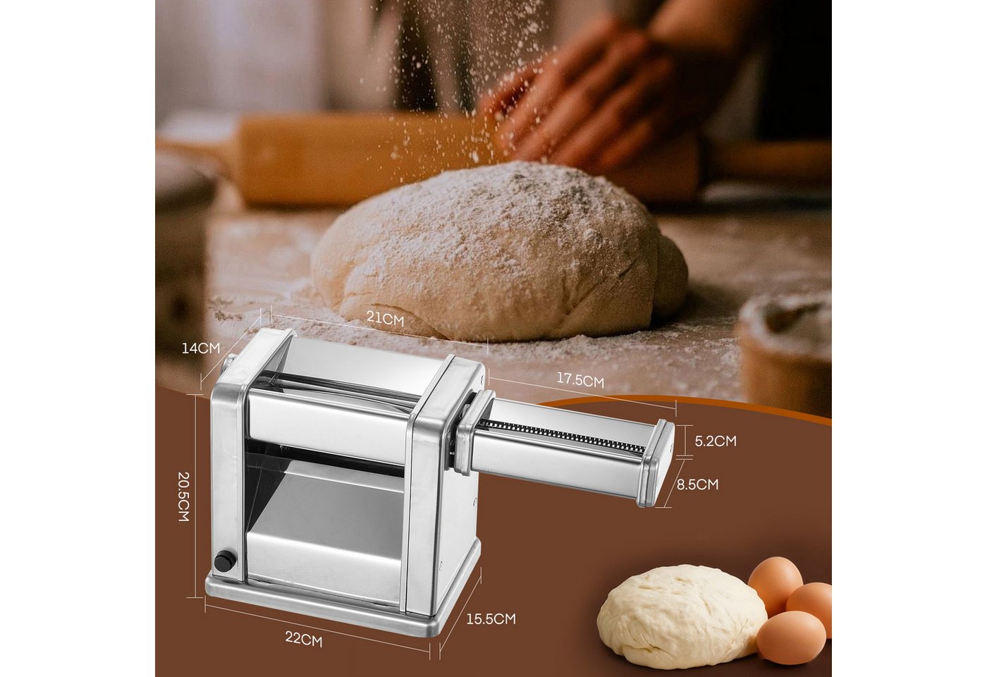 FOHERE Nudelmaschine Elektrische Nudelmaschine, 7 Stärken Einstellbar, 60 W, Nudelwalze und 2x Pasta-Schneideinsätze 1.5 mm und 6.6 mm Bild 5