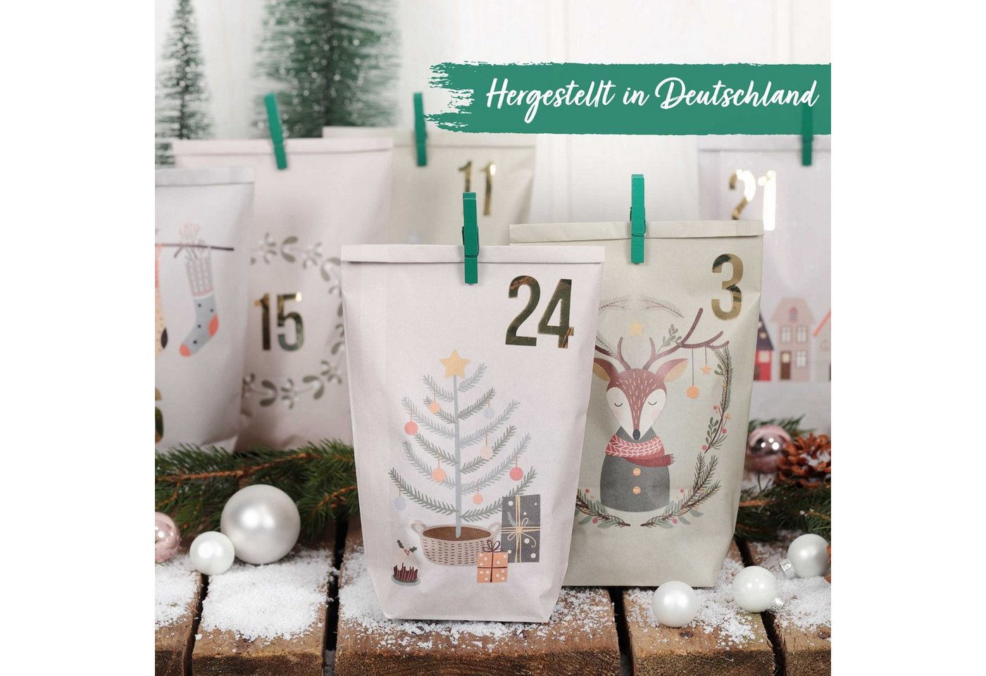 PAPIERDRACHEN befüllbarer Adventskalender Adventskalender - 24 Geschenktüten mit Zahlenaufkleber & Klammern