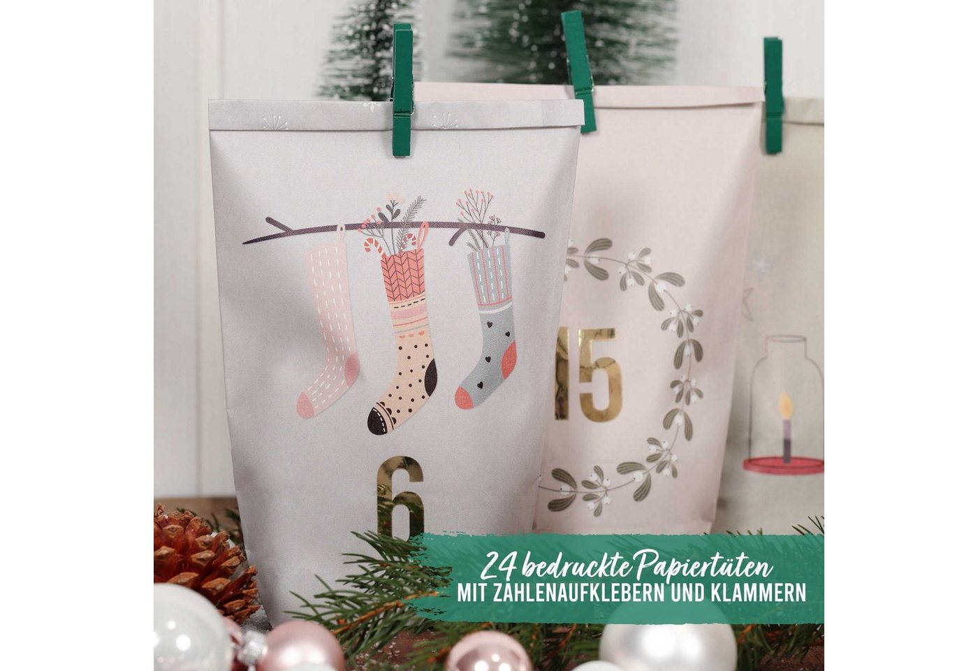 PAPIERDRACHEN befüllbarer Adventskalender Adventskalender - 24 Geschenktüten mit Zahlenaufkleber & Klammern Bild 3