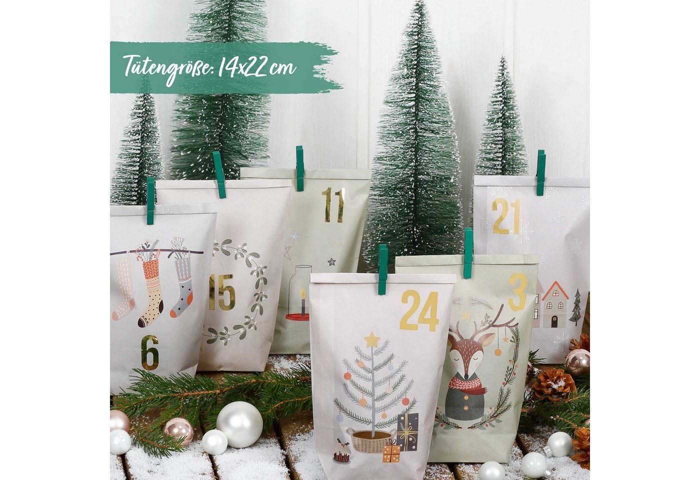 PAPIERDRACHEN befüllbarer Adventskalender Adventskalender - 24 Geschenktüten mit Zahlenaufkleber & Klammern Bild 4