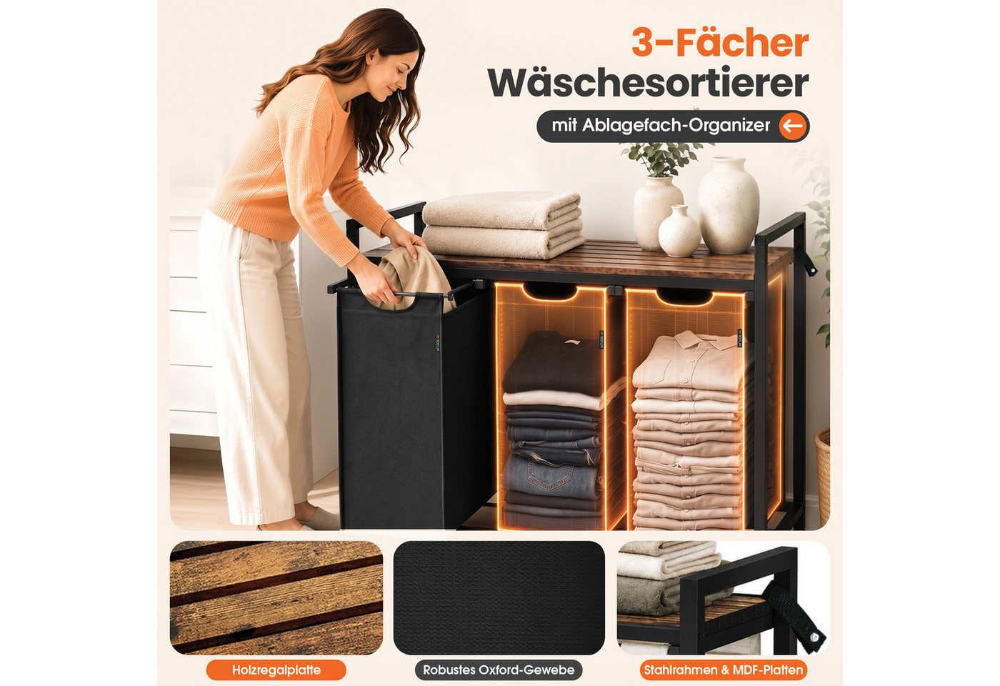 Roxlin Wäschekorb Wäschekorb 3 Fächer – Wäschesammler mit Deckel & Ablage