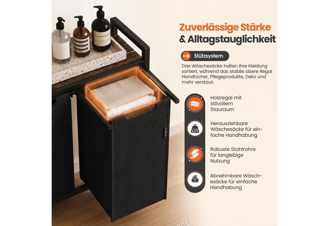 Roxlin Wäschekorb Wäschekorb 3 Fächer – Wäschesammler mit Deckel & Ablage Bild 3
