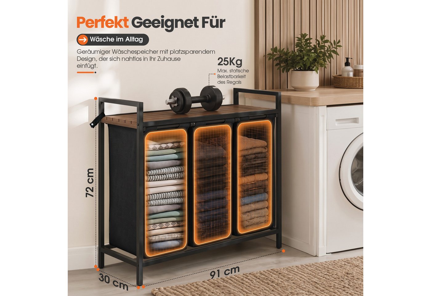 Roxlin Wäschekorb Wäschekorb 3 Fächer – Wäschesammler mit Deckel & Ablage Bild 4