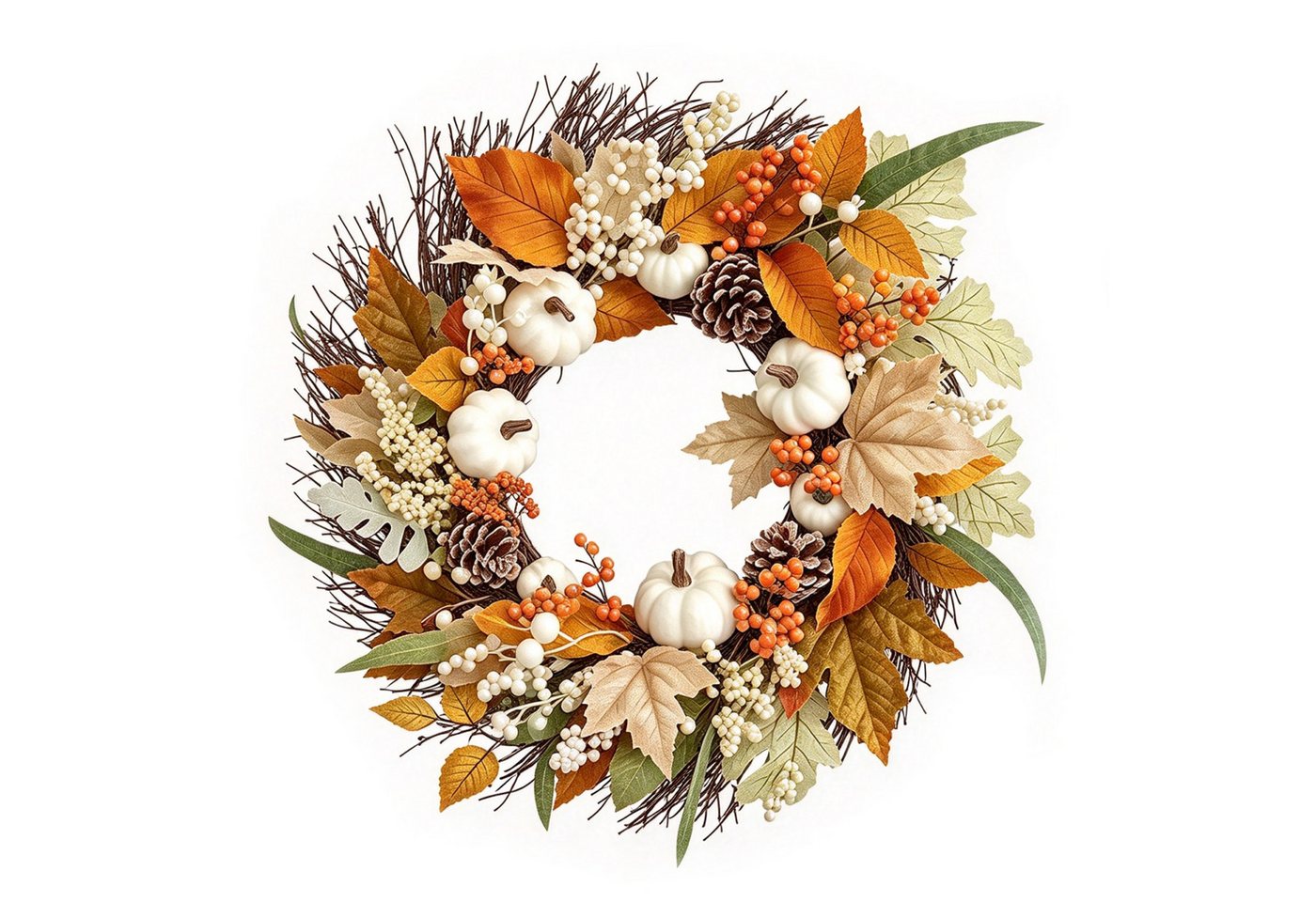 Diwzbyn Dekokranz 45cm Herbstkranz, Herbstfarben Kürbis Beeren Kranz, Dekorativer Türkranz für Halloween, Thanksgiving und Erntedankfest