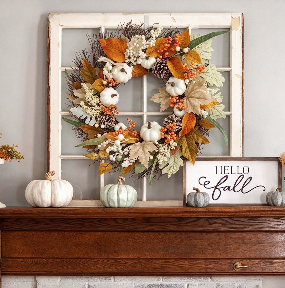Diwzbyn Dekokranz 45cm Herbstkranz, Herbstfarben Kürbis Beeren Kranz, Dekorativer Türkranz für Halloween, Thanksgiving und Erntedankfest Bild 2