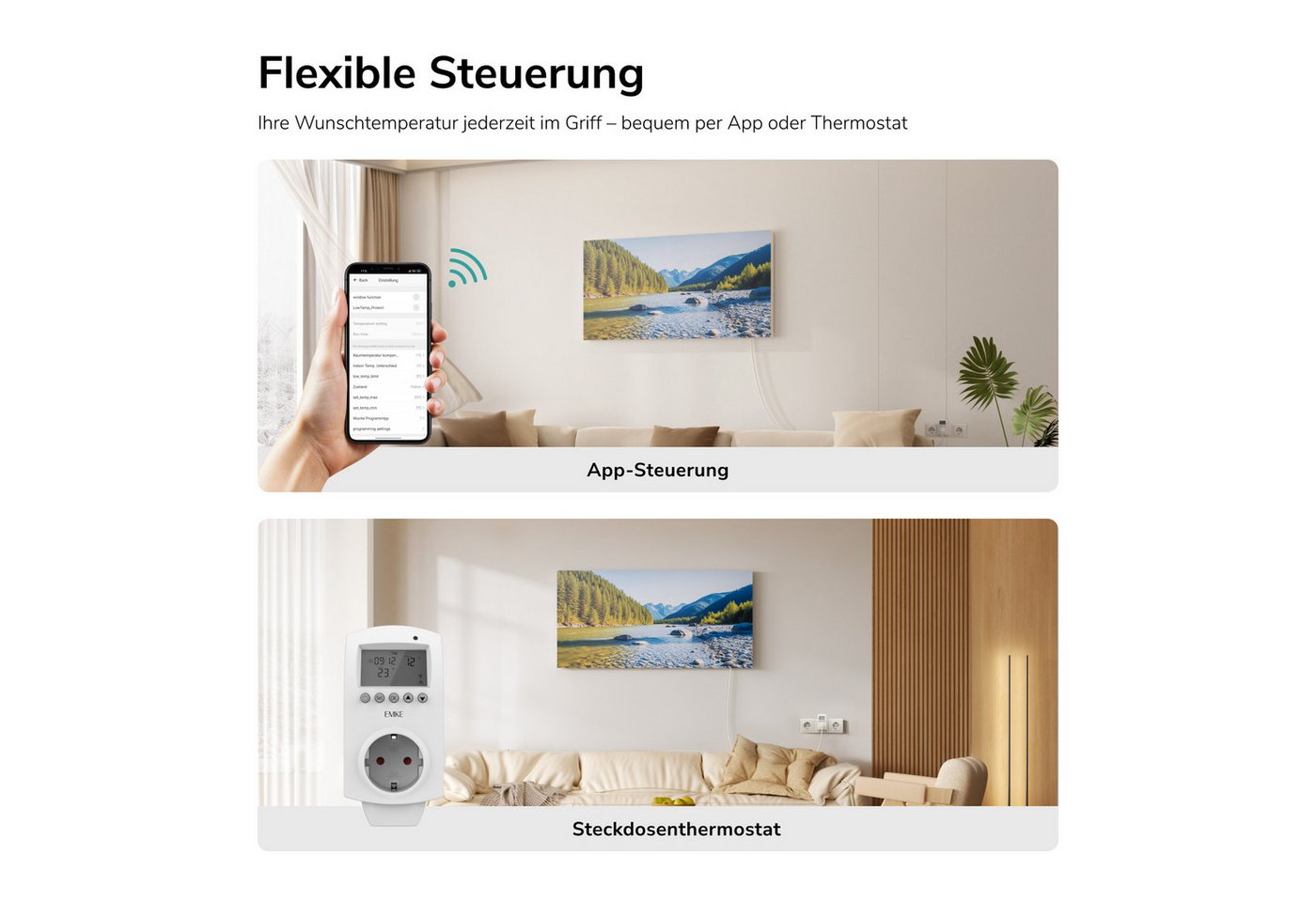 EMKE Infrarotheizung Elektroheizung, mit WLAN Smart Thermostat, App-Steuerung, 1200 W, Wandmontage, Überhitzungsschutz, Infrarot-Heizung Bild 5