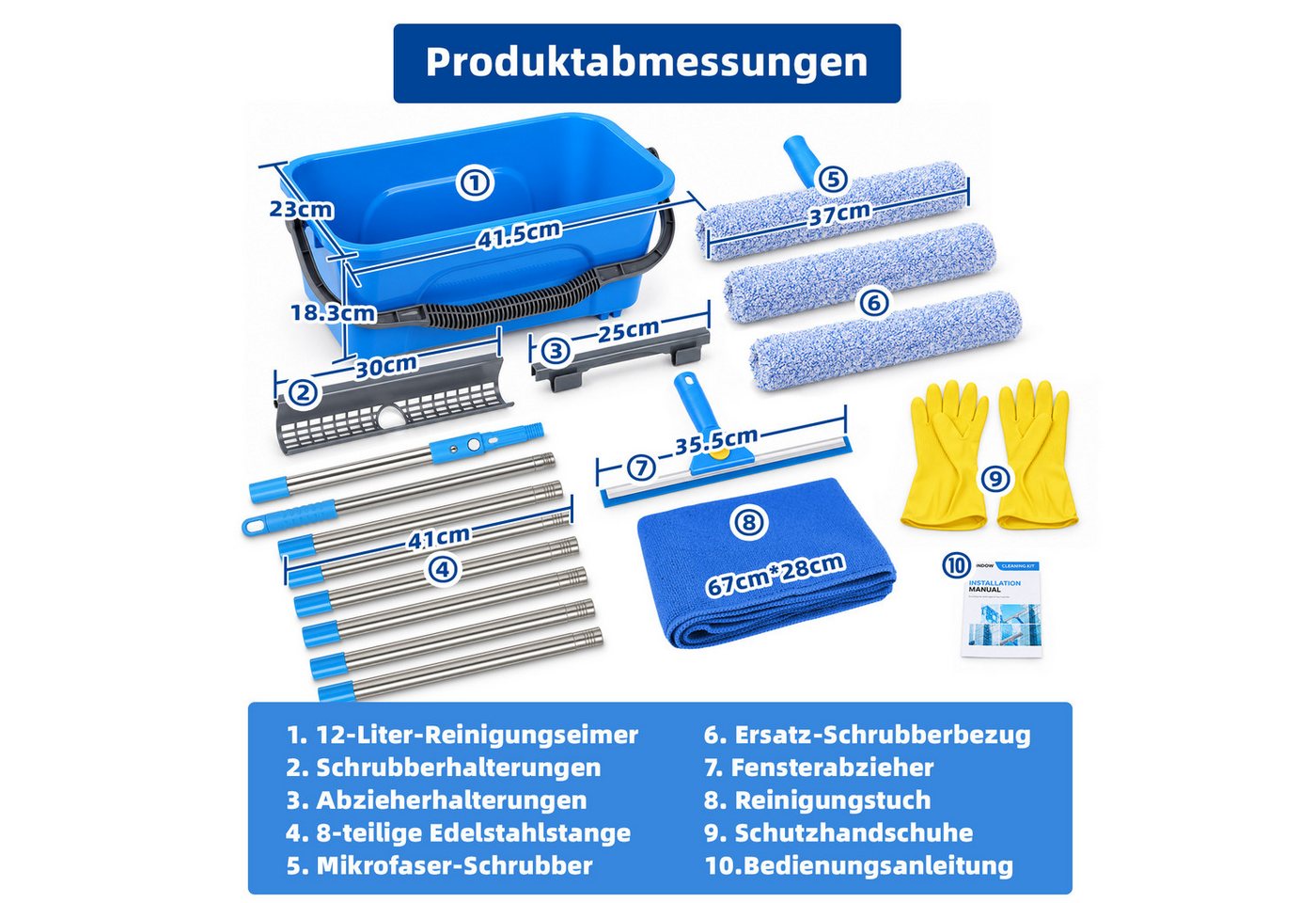 JOYOLEDER Sprühwischer Fensterreiniger Set, Eimer 12L, Fensterputzer Teleskopstiel 310CM, (35CM Fensterwischer & Fenster Einwascher & Mikrofasertuch, Profi Fensterreinigungsset für Haus, Fenster, Glas, Auto)