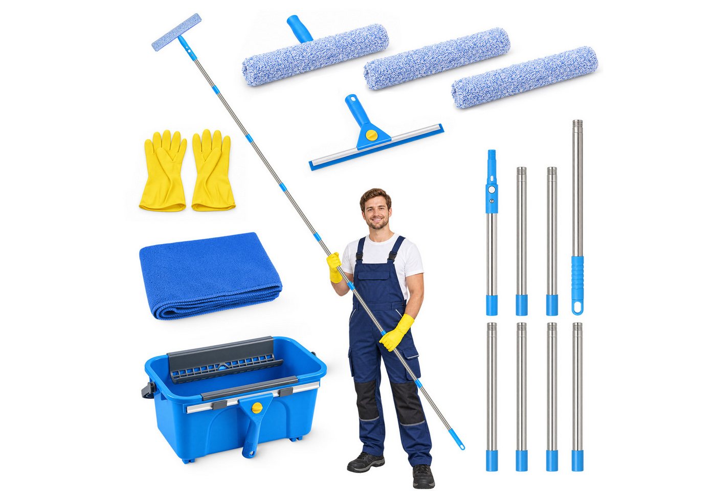 JOYOLEDER Sprühwischer Fensterreiniger Set, Eimer 12L, Fensterputzer Teleskopstiel 310CM, (35CM Fensterwischer & Fenster Einwascher & Mikrofasertuch, Profi Fensterreinigungsset für Haus, Fenster, Glas, Auto) Bild 2