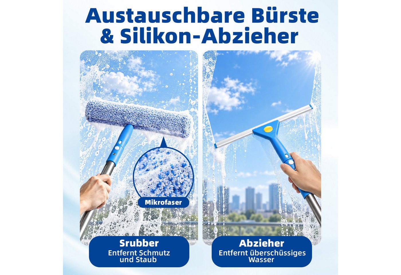 JOYOLEDER Sprühwischer Fensterreiniger Set, Eimer 12L, Fensterputzer Teleskopstiel 310CM, (35CM Fensterwischer & Fenster Einwascher & Mikrofasertuch, Profi Fensterreinigungsset für Haus, Fenster, Glas, Auto) Bild 3