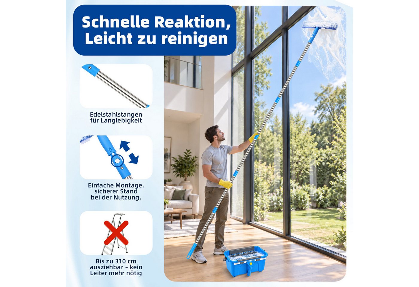 JOYOLEDER Sprühwischer Fensterreiniger Set, Eimer 12L, Fensterputzer Teleskopstiel 310CM, (35CM Fensterwischer & Fenster Einwascher & Mikrofasertuch, Profi Fensterreinigungsset für Haus, Fenster, Glas, Auto) Bild 4