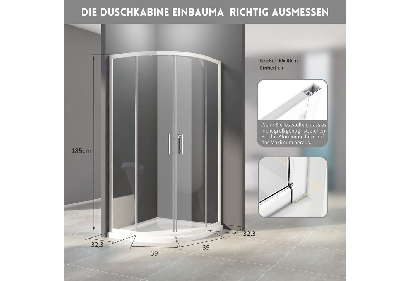 Hopibath Runddusche Weiß 90x90x185cm Duschkabine, BxT: 90x90 cm, 5mm Sicherheitsglas, Schiebetür, (88-90)x(88-90)x185, Alurahmen, Magnetverschluss