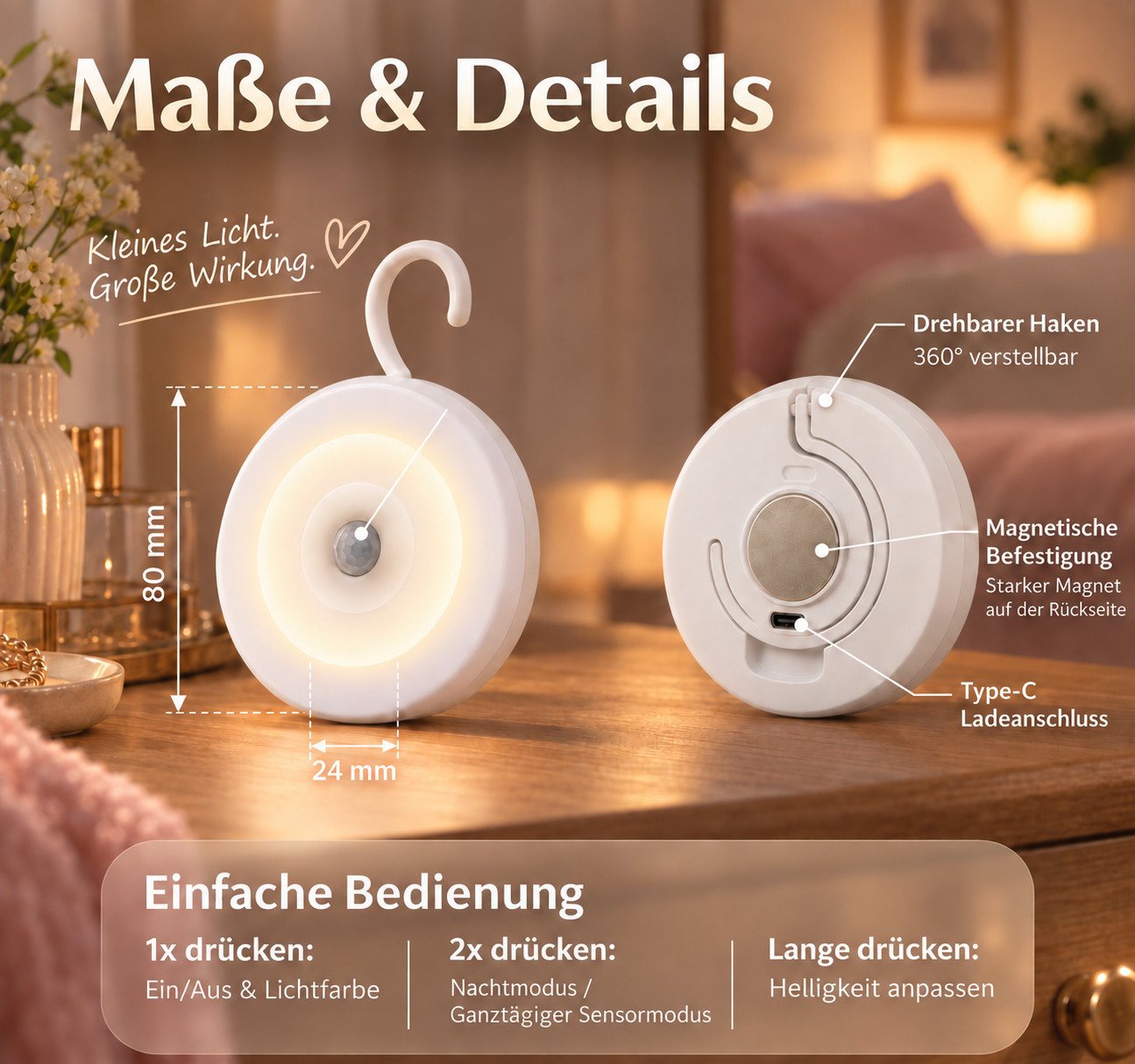 Fyrove LED Nachtlicht Nachtlampe mit Bewegungsmelder, 3CCT & 360° Haken,dimmbar & aufladbar, LED fest integriert, warmweiß, Neutralweiß, Tageslichtweiß, kaltweiß, ideal für Flur, Treppe, Kinderzimmer, Schlafzimmer & Schrank Bild 5