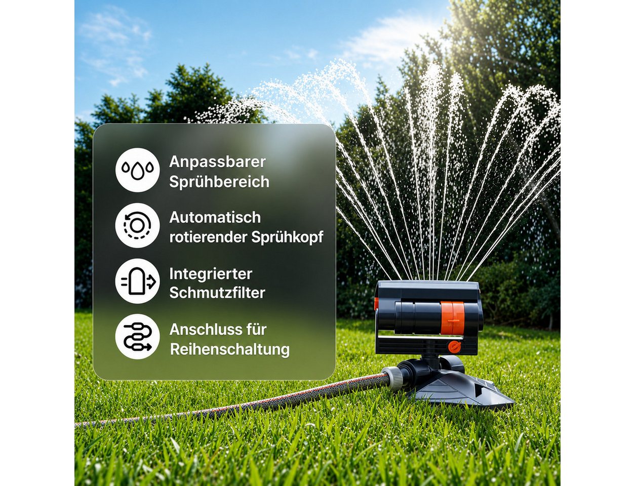 AIMAX Viereckregner Rasensprenger, Gartensprinkler mit 4 Sprühbildern, Oszillationsregner, Bewässerungssystem mit regulierbarer Wassermenge Bild 4