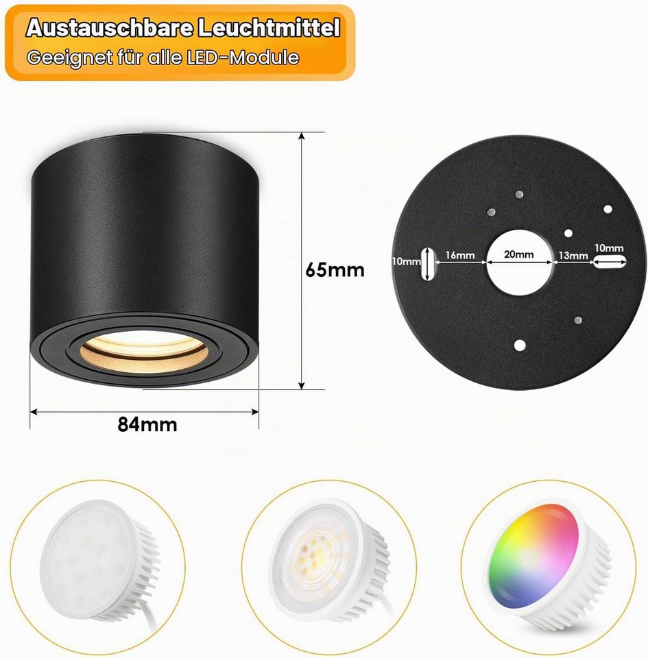 LaCute Aufbauleuchte LED Aufbauspot dimmbar 5W 500lm 3CCT 230V 30° schwenkbar Schwarz Weiß, LED fest integriert, Neutralweiß, Kaltweiß, Warmweiß, Dimmbar, 3CCT, IP44, 500 lm, 5 W, 230 V, 30° schwenkbar