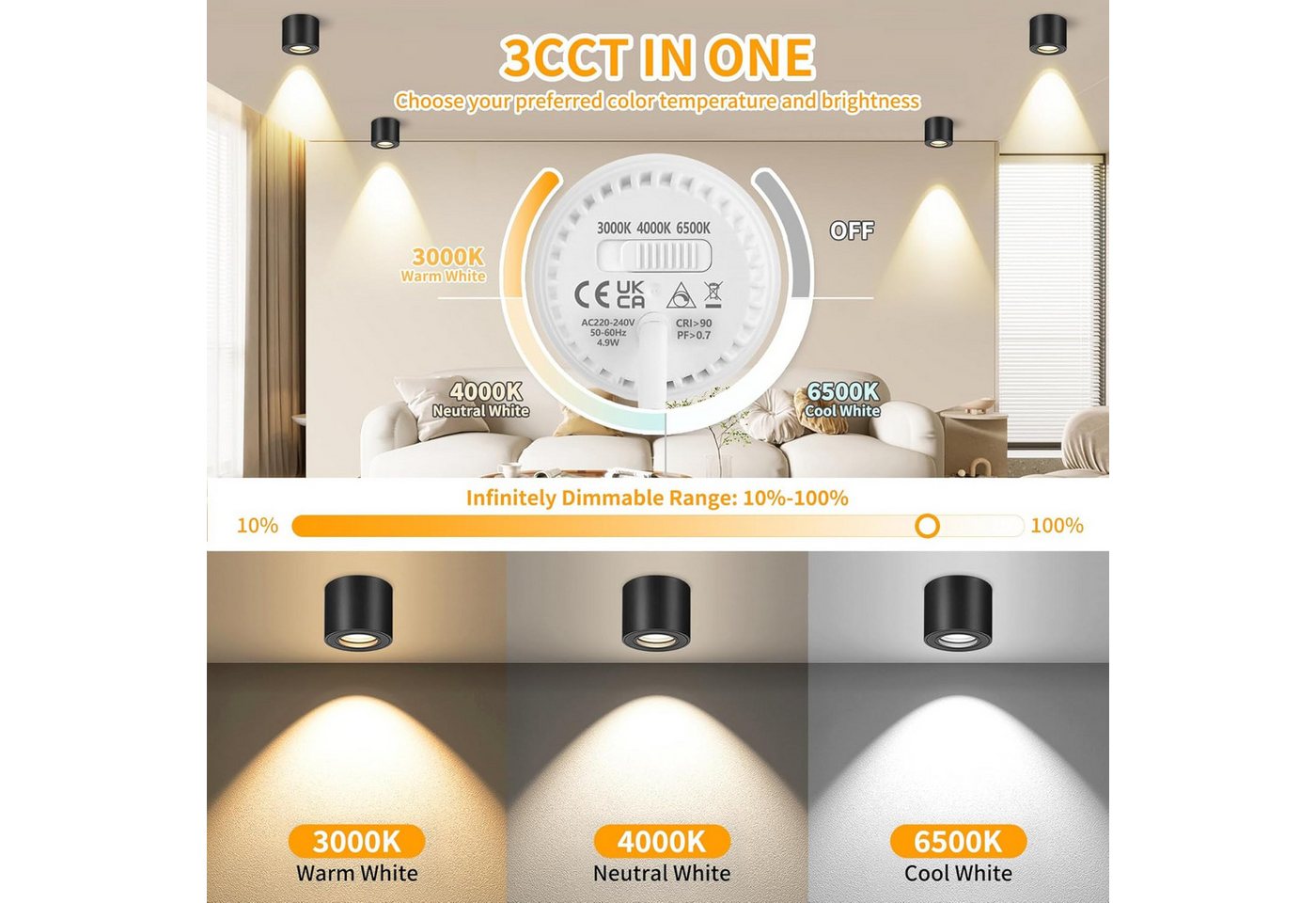 LaCute Aufbauleuchte LED Aufbauspot dimmbar 5W 500lm 3CCT 230V 30° schwenkbar Schwarz Weiß, LED fest integriert, Neutralweiß, Kaltweiß, Warmweiß, Dimmbar, 3CCT, IP44, 500 lm, 5 W, 230 V, 30° schwenkbar Bild 2