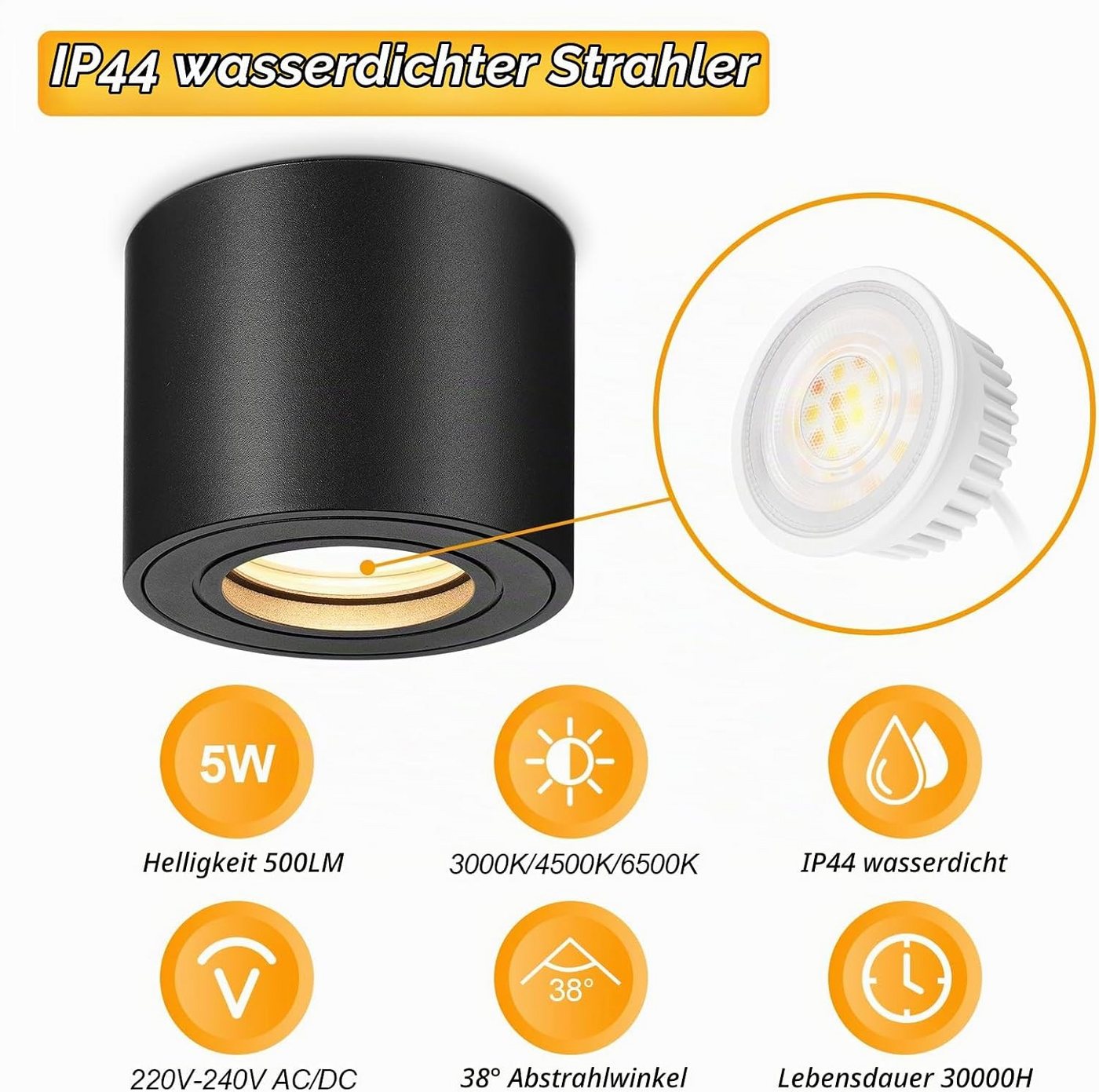 LaCute Aufbauleuchte LED Aufbauspot dimmbar 5W 500lm 3CCT 230V 30° schwenkbar Schwarz Weiß, LED fest integriert, Neutralweiß, Kaltweiß, Warmweiß, Dimmbar, 3CCT, IP44, 500 lm, 5 W, 230 V, 30° schwenkbar Bild 3