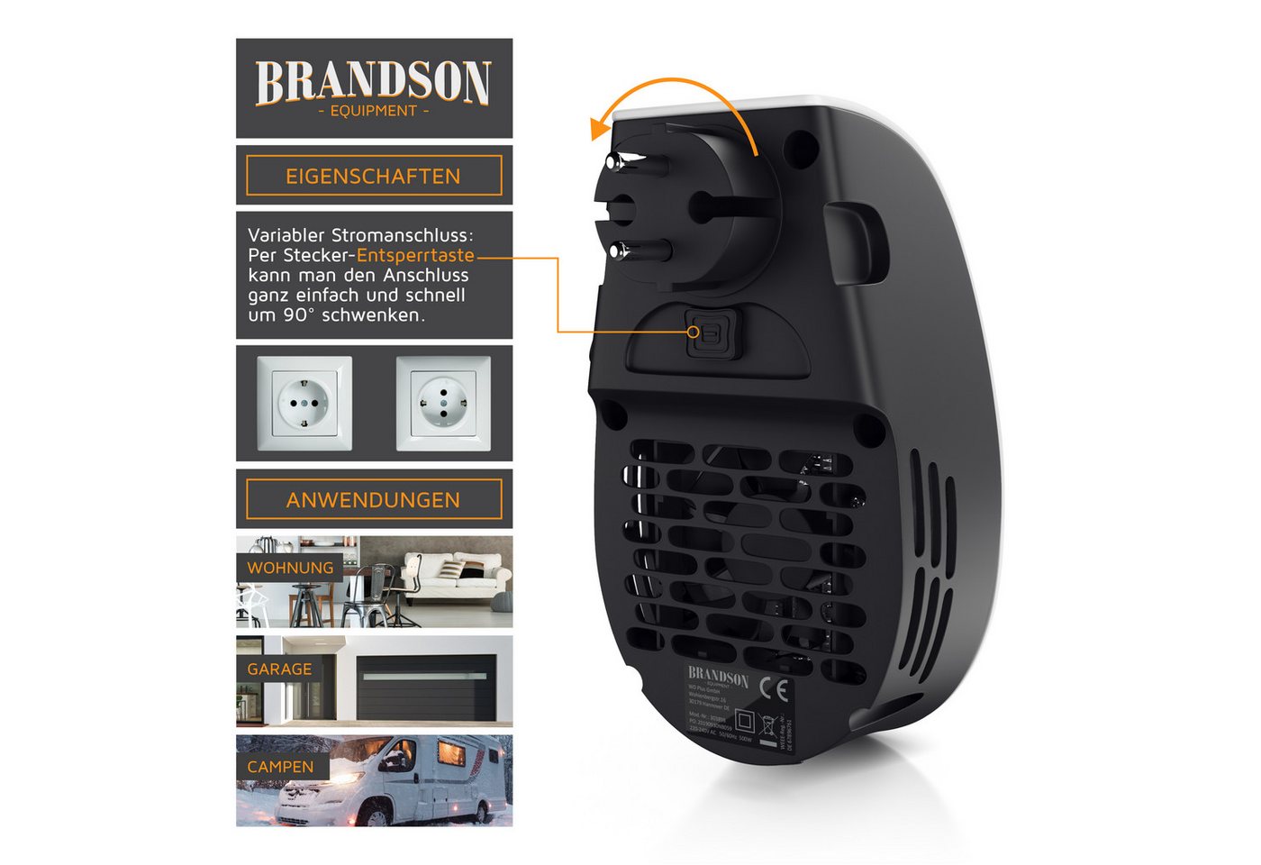 Brandson Keramikheizlüfter Mini Heizlüfter für die Steckdose 500 W, Fernbedienung, Thermostat, 500 W, energiesparend, Mini Heizung, Thermostat, Timer, für Badezimmer
