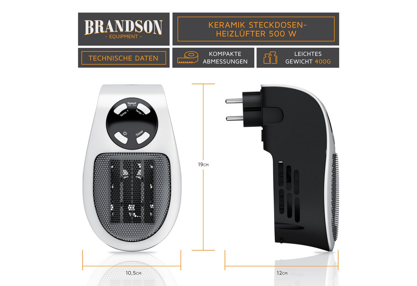 Brandson Keramikheizlüfter Mini Heizlüfter für die Steckdose 500 W, Fernbedienung, Thermostat, 500 W, energiesparend, Mini Heizung, Thermostat, Timer, für Badezimmer Bild 3