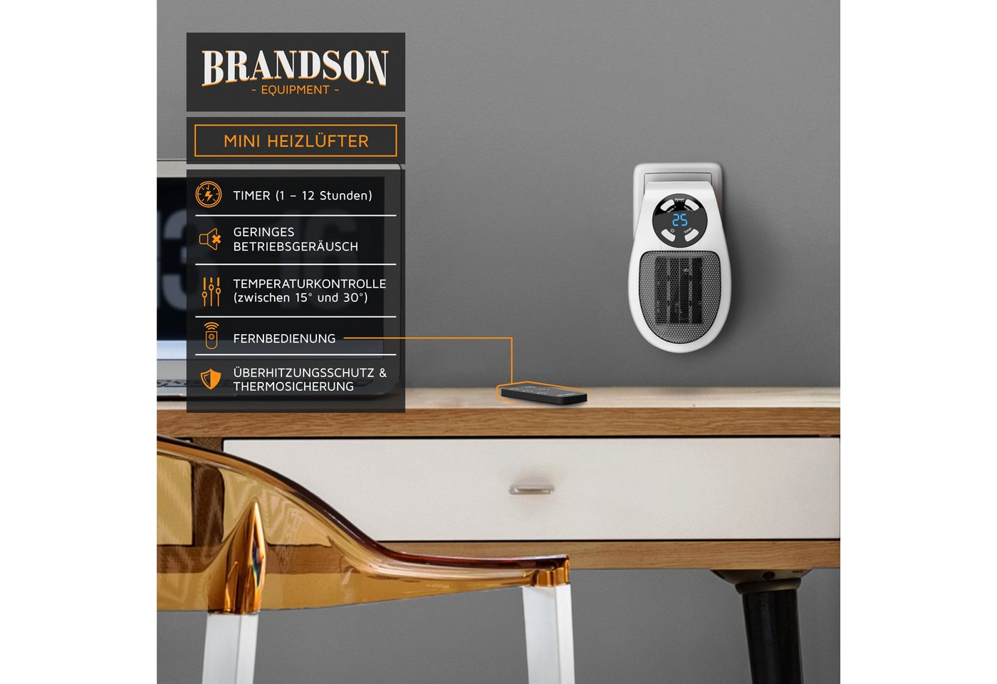 Brandson Keramikheizlüfter Mini Heizlüfter für die Steckdose 500 W, Fernbedienung, Thermostat, 500 W, energiesparend, Mini Heizung, Thermostat, Timer, für Badezimmer Bild 5