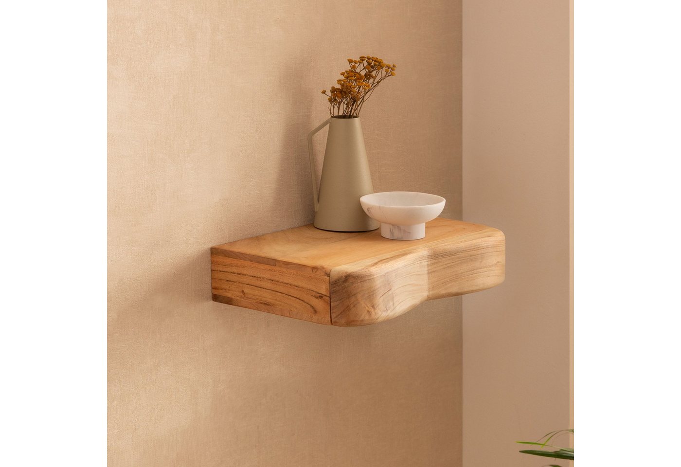 FINEBUY Wandregal FB74733 Schweberegal Akazie Massivholz 40cm Regal Wandboard Schublade, Massivholz Wandregal mit Schubladen, Praktische Ablage für moderne Wohnräume