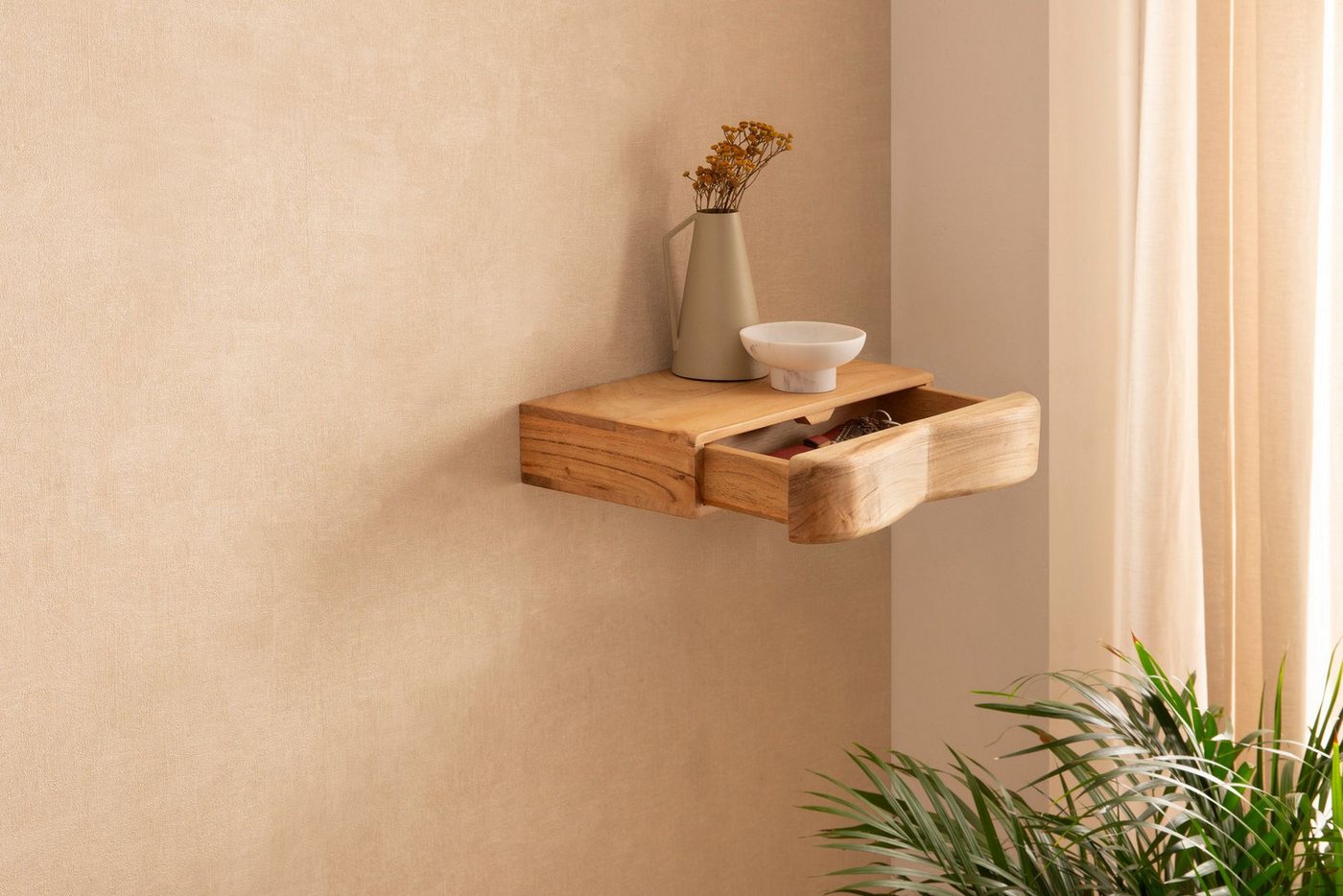 FINEBUY Wandregal FB74733 Schweberegal Akazie Massivholz 40cm Regal Wandboard Schublade, Massivholz Wandregal mit Schubladen, Praktische Ablage für moderne Wohnräume Bild 2