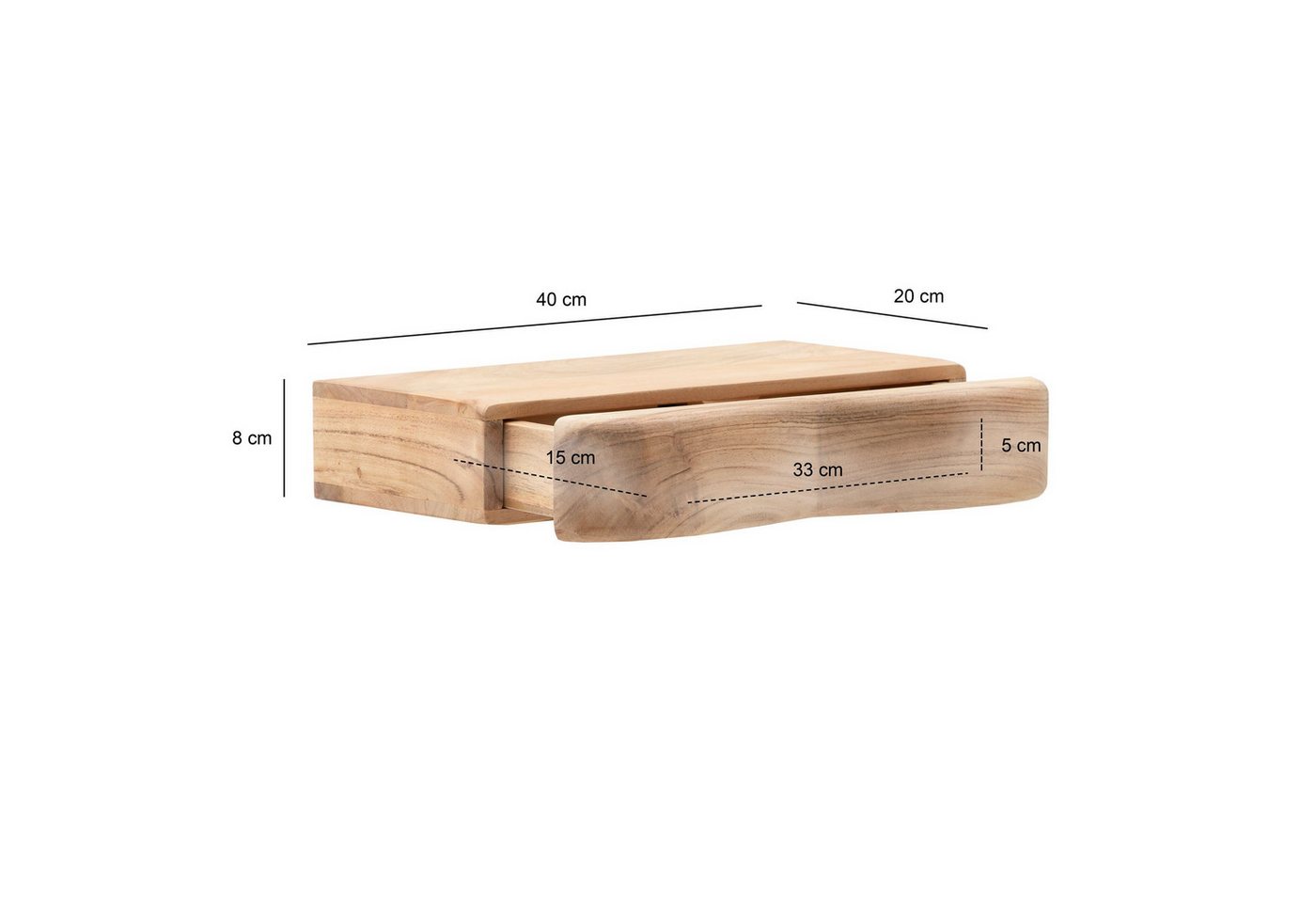 FINEBUY Wandregal FB74733 Schweberegal Akazie Massivholz 40cm Regal Wandboard Schublade, Massivholz Wandregal mit Schubladen, Praktische Ablage für moderne Wohnräume Bild 3