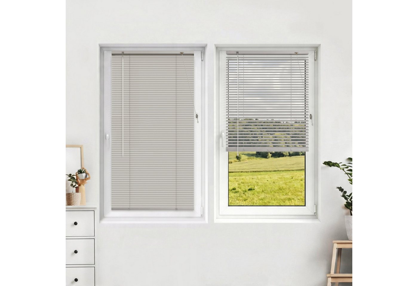 Victoria M. Jalousie LightLess Prime Aluminium-Jalousie 55x130 cm Grau-Beige matt, mit Bohren, ohne Bohren, geklemmt oder verschaubt, L Profil 25 mm Lamellen, feuchtigkeitsbeständig, verdunkelnd Bild 5