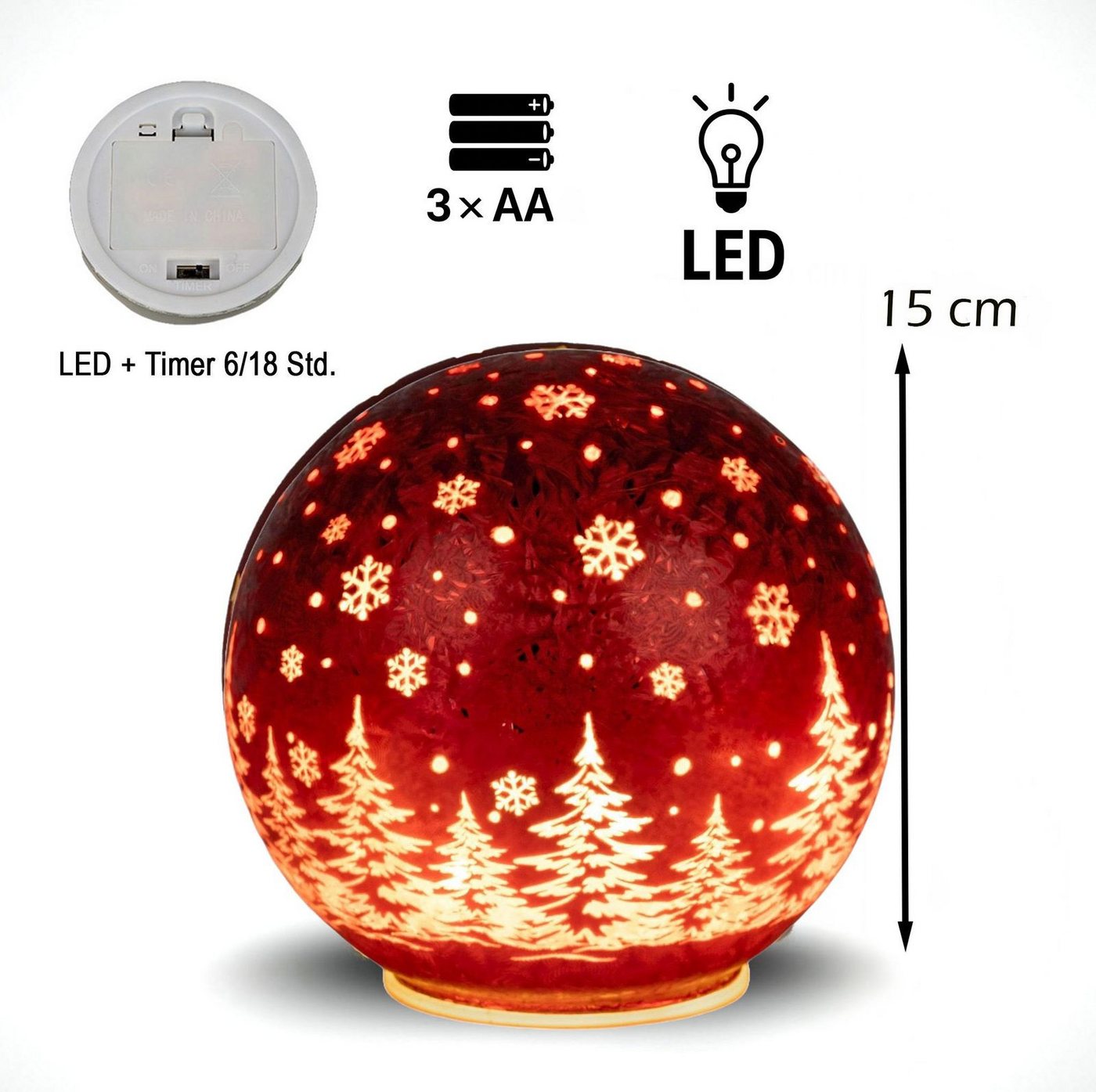 formano LED Dekolicht Glas-Kugel 15cm Frosty Rot Timer 6h/18h Weihnachten Herbst Deloration, LED fest integriert Bild 4