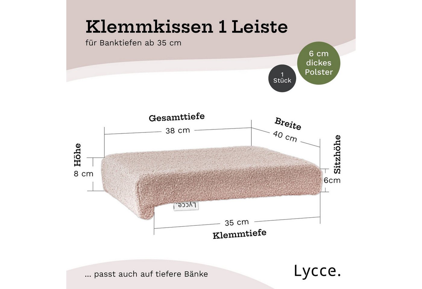 Lycce Bankauflage Bankauflage Klemmkissen 1 Leiste, Boucléstoff powder rosa, (1 St), für Banktiefe ab 35cm, verrutscht nicht, versch. Farben Bild 3