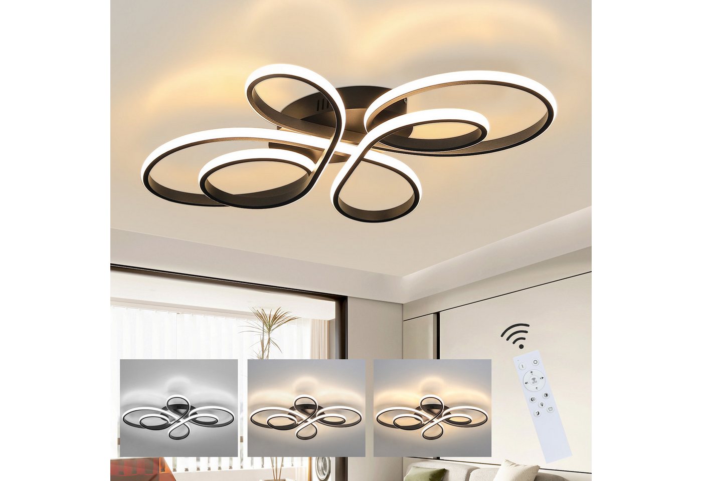 Nettlife LED Deckenleuchte Modern Schwarz Dimmbar Wohnzimmer 65W 40/66/80/100CM deckenlampe, 3000K-6500K/Dimmbar mit Fernbedienung, LED fest integriert, warmweißem, kaltweißem, Schlafzimmer, Wohnzimmer, Büro, Arbeitszimmer, Küche Bild 2