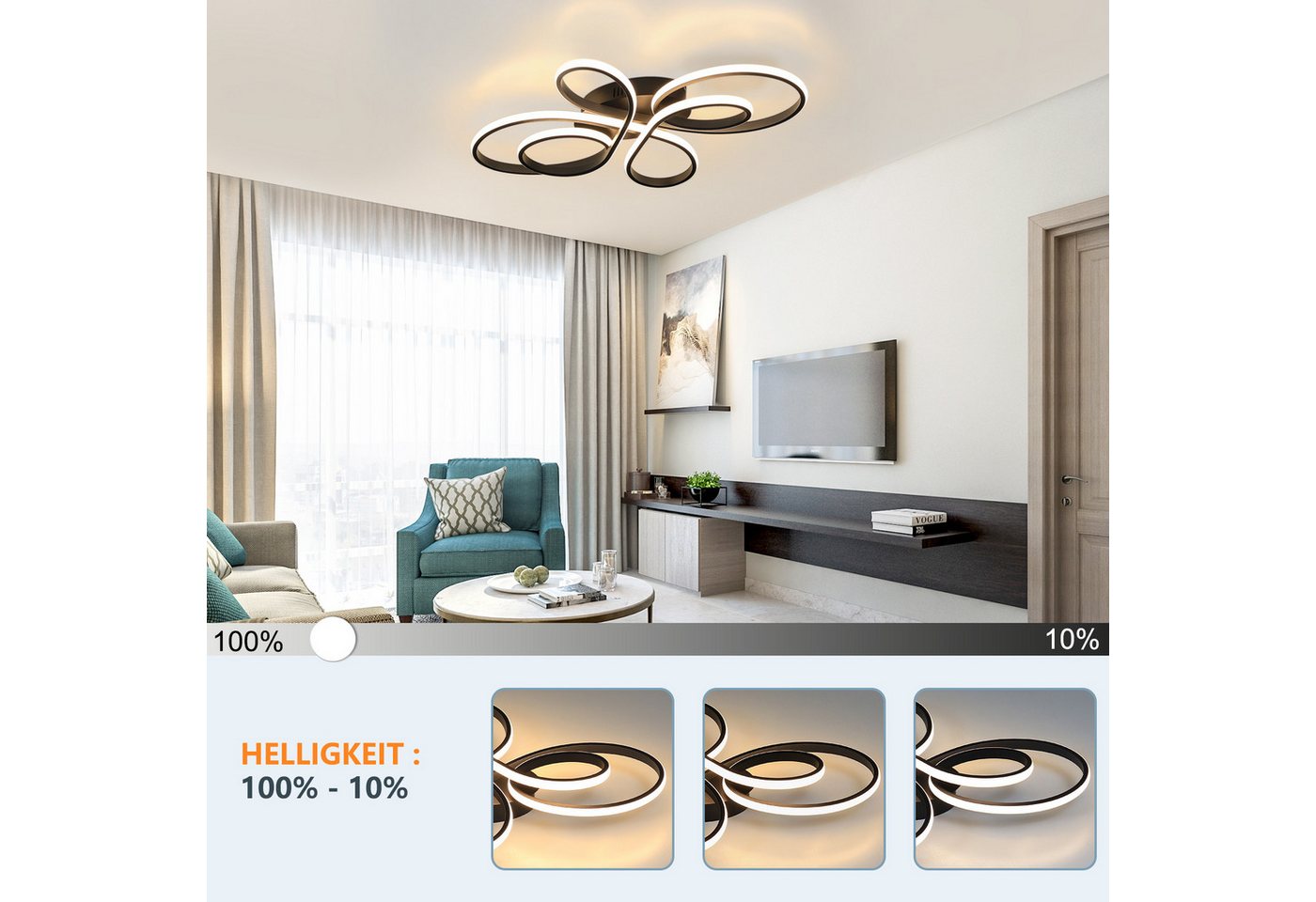 Nettlife LED Deckenleuchte Modern Schwarz Dimmbar Wohnzimmer 65W 40/66/80/100CM deckenlampe, 3000K-6500K/Dimmbar mit Fernbedienung, LED fest integriert, warmweißem, kaltweißem, Schlafzimmer, Wohnzimmer, Büro, Arbeitszimmer, Küche Bild 3
