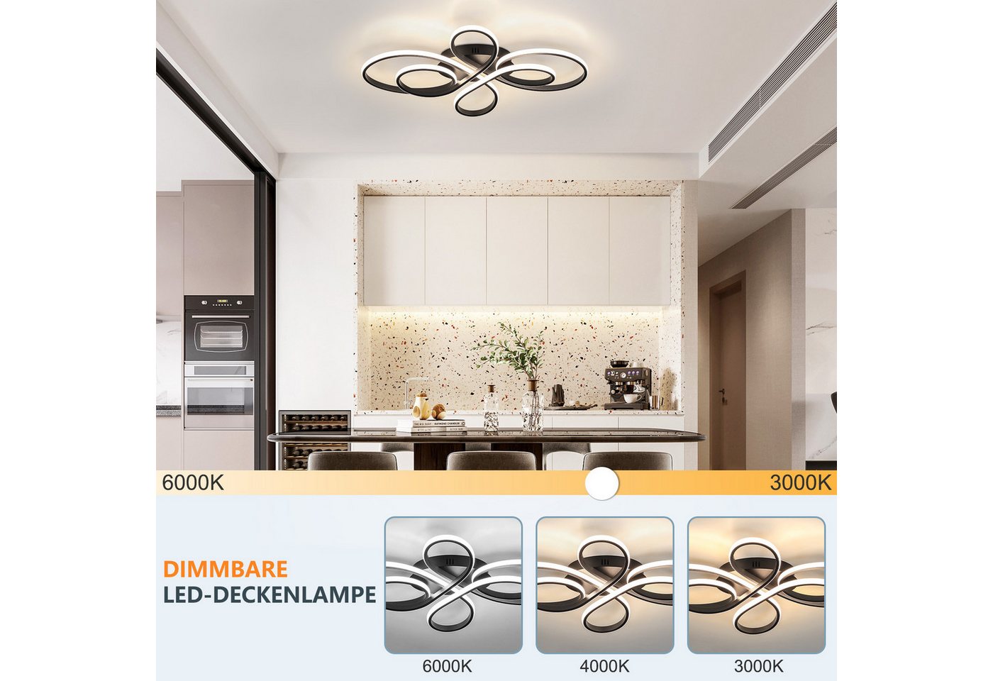 Nettlife LED Deckenleuchte Modern Schwarz Dimmbar Wohnzimmer 65W 40/66/80/100CM deckenlampe, 3000K-6500K/Dimmbar mit Fernbedienung, LED fest integriert, warmweißem, kaltweißem, Schlafzimmer, Wohnzimmer, Büro, Arbeitszimmer, Küche Bild 5