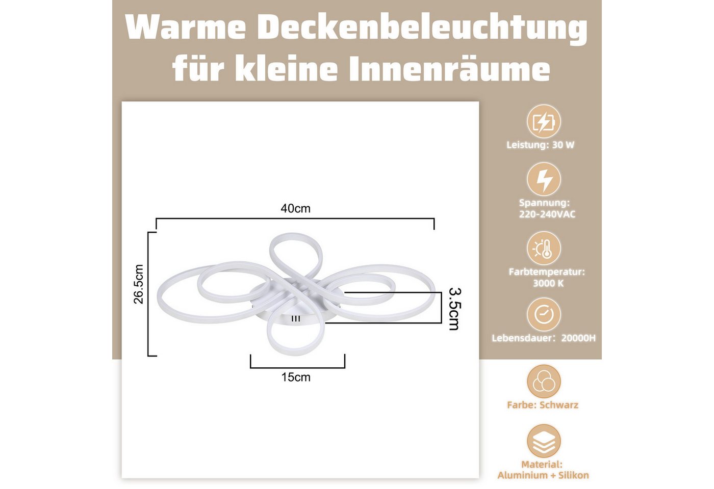 Nettlife LED Deckenleuchte Modern Schwarz Dimmbar Wohnzimmer 65W 40/66/80/100CM deckenlampe, 3000K-Nicht dimmbar, LED fest integriert, Warmweiß, Schlafzimmer, Wohnzimmer, Büro, Arbeitszimmer, Küche Bild 4